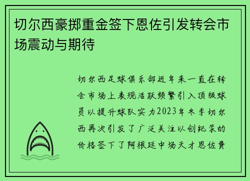 切尔西豪掷重金签下恩佐引发转会市场震动与期待 切尔西豪掷重金签下恩佐引发转会市场震动与期待